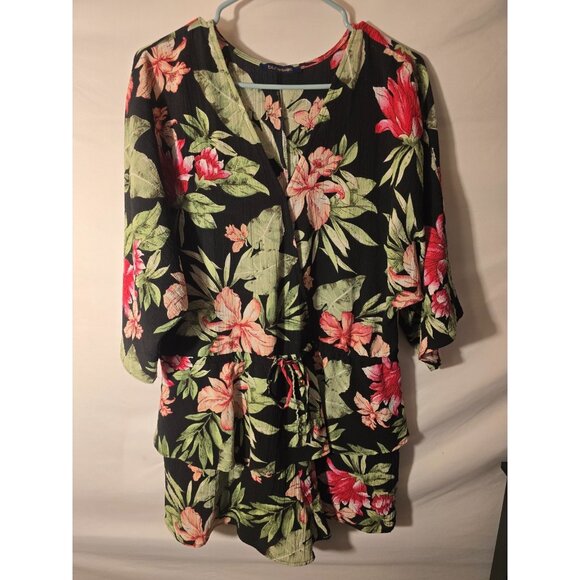 Bluheaven Womens Romper Shorts Jumper Black Floral Womens Size Large L Vneck - Picture 1 of 3